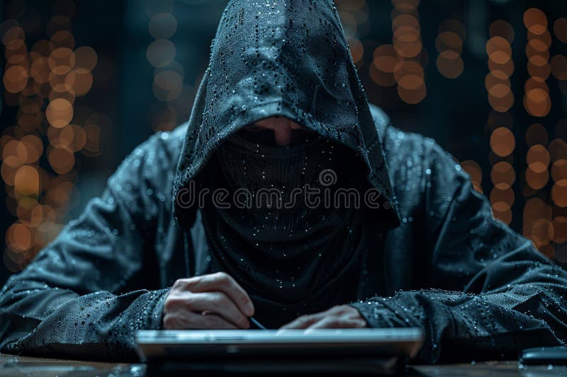 A hacker in a hoodie with a faceless mask sitting at a table and working on a laptop, against a digital dark background with code and binary numbers. Concept of a hacker working. Generative AI. A hacker in a hoodie with a faceless mask sitting at a table and working on a laptop, against a digital dark background with code and binary numbers. Concept of a hacker working. Generative AI.