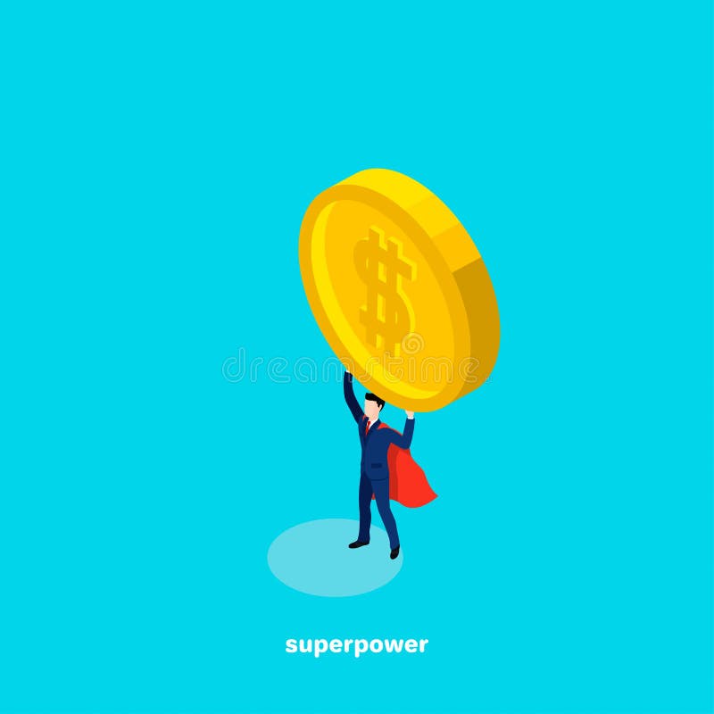 Um homem em um terno de negócio e em um casaco do ` s do super-herói está guardando uma grande moeda com um dólar assina sobre su ilustração do vetor Um homem em um terno de negócio e em um casaco do ` s do super-herói está guardando uma grande moeda com um dólar assina sobre su ilustração do vetor
