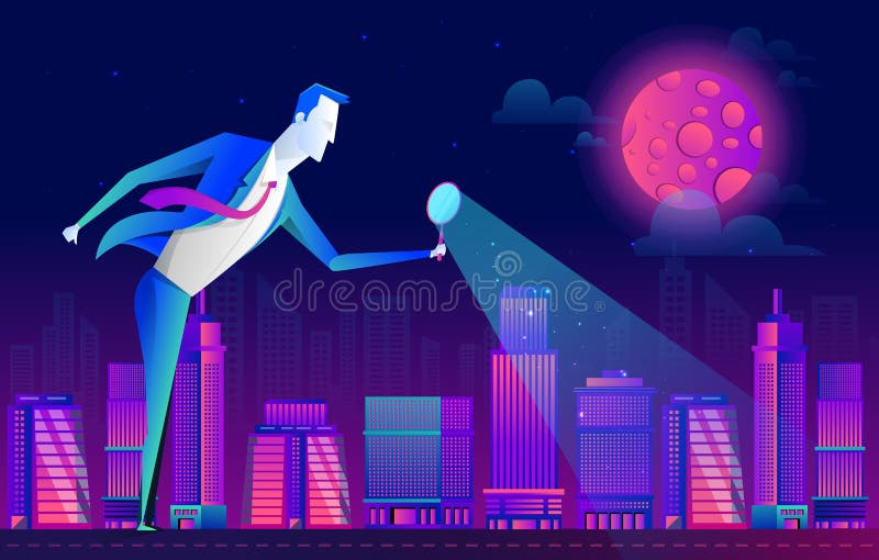 Um homem em um terno de negócio olha os povos e a cidade através de uma lupa, projeto liso do vetor ilustração do vetor Um homem em um terno de negócio olha os povos e a cidade através de uma lupa, projeto liso do vetor ilustração do vetor