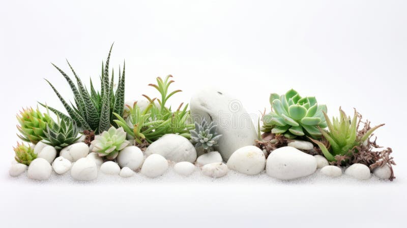 Um jardim miniatura de suculentos coloridos e rochas brancas sobre fundo branco. o jardim é composto por diferentes foto de stock