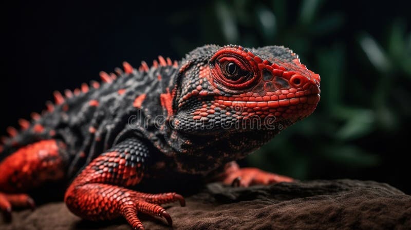 Uma cobra azul, vermelha e amarela senta-se em uma rocha.