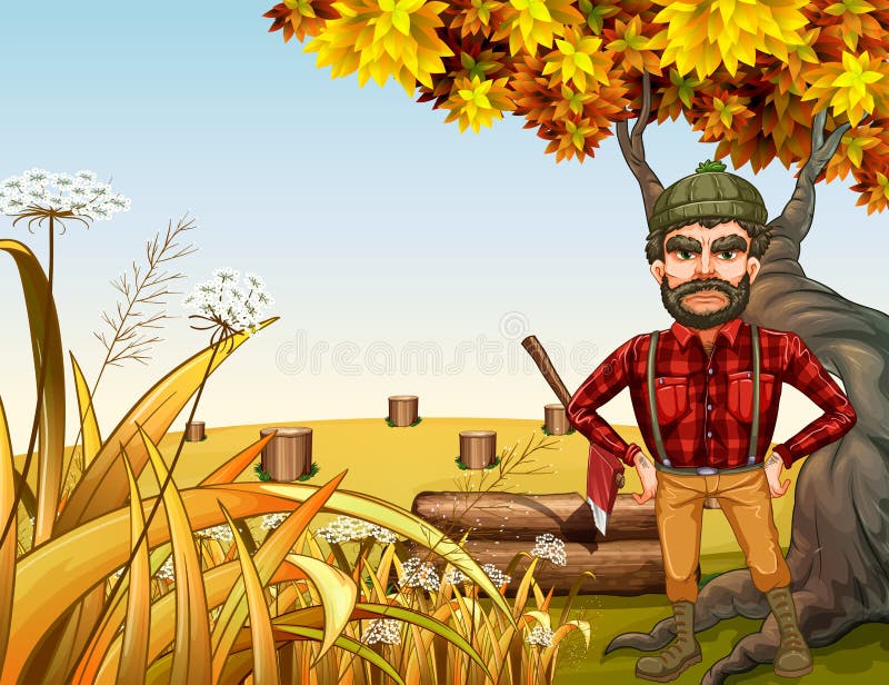Um lenhador irritado perto da árvore velha gigante ilustração stock Um lenhador irritado perto da árvore velha gigante ilustração stock