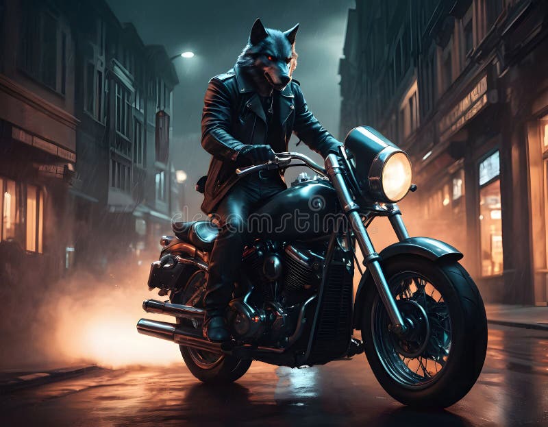 A wolf in a leather jacket on a motorcycle in the night. Artificial intelligence AI generated. A wolf in a leather jacket on a motorcycle in the night. Artificial intelligence AI generated