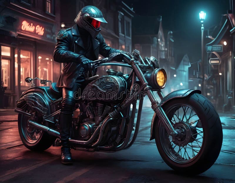 A wolf in a leather jacket on a motorcycle in the night. Artificial intelligence AI generated. A wolf in a leather jacket on a motorcycle in the night. Artificial intelligence AI generated