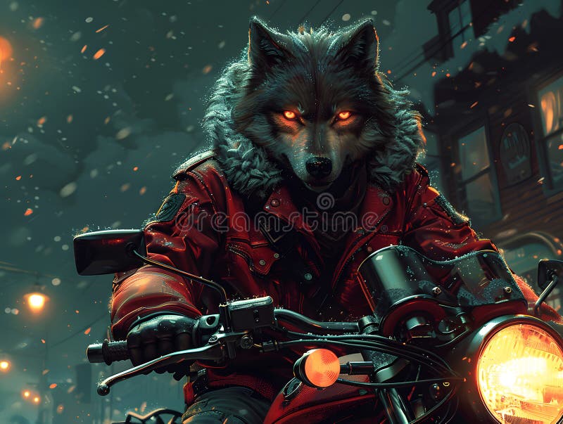 A wolf in a leather jacket on a motorcycle in the night. Artificial intelligence AI generated. A wolf in a leather jacket on a motorcycle in the night. Artificial intelligence AI generated