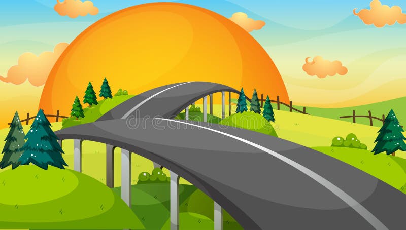 Um longo caminho com um por do sol ilustração do vetor Um longo caminho com um por do sol ilustração do vetor
