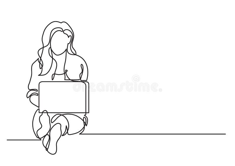 Um a lápis desenho de uma mulher que senta-se com laptop ilustração stock Um a lápis desenho de uma mulher que senta-se com laptop ilustração stock