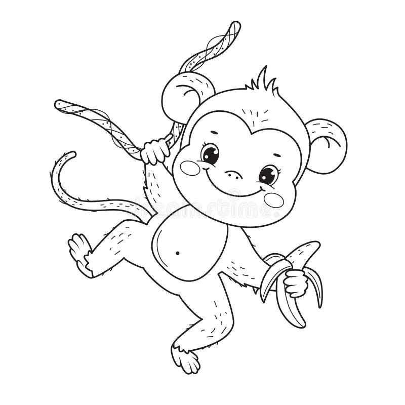 Um Macaco Sorridente Para Colorir O Design De Arte De Linha Para Crianças..  Ilustração Stock - Ilustração de branco, livro: 217373112