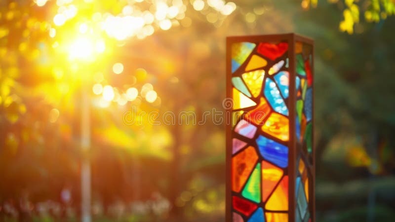 Um marcador cultural de vidro manchado com uma paleta vibrante e símbolos religiosos que refletem os distritos religiosos