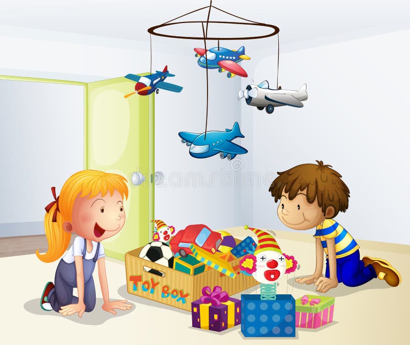Um menino e uma menina que jogam dentro da casa ilustração stock Um menino e uma menina que jogam dentro da casa ilustração stock