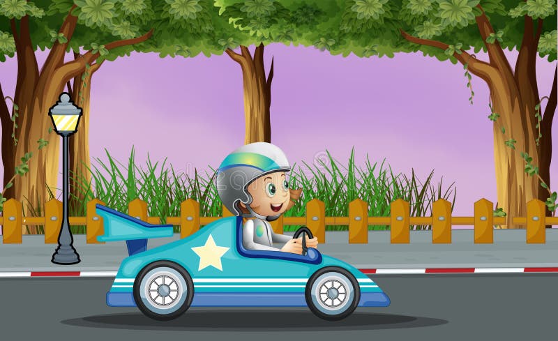 Um menino em seu carro de competência azul com uma estrela branca ilustração royalty free Um menino em seu carro de competência azul com uma estrela branca ilustração royalty free