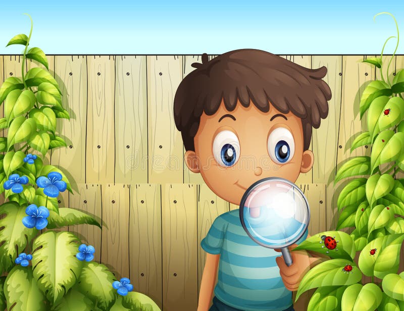 Um menino que guarda uma lupa para ver os erros ilustração stock Um menino que guarda uma lupa para ver os erros ilustração stock