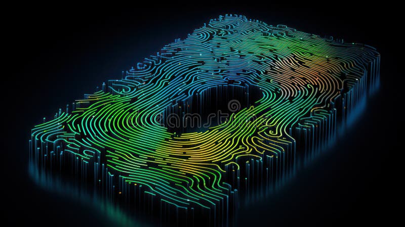 One fingerprint-like microchip of light yellow and dark emerald bright colors, the use of precious materials and metals. AI generated. One fingerprint-like microchip of light yellow and dark emerald bright colors, the use of precious materials and metals. AI generated