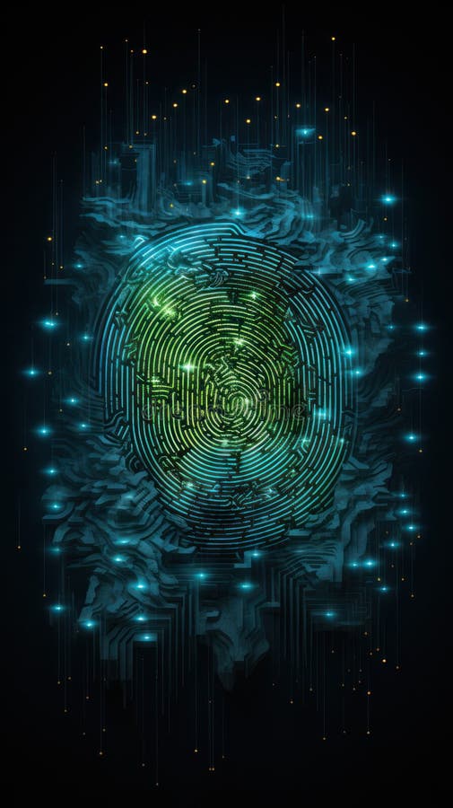 One fingerprint-like microchip of light yellow and dark emerald bright colors, the use of precious materials and metals. AI generated. One fingerprint-like microchip of light yellow and dark emerald bright colors, the use of precious materials and metals. AI generated