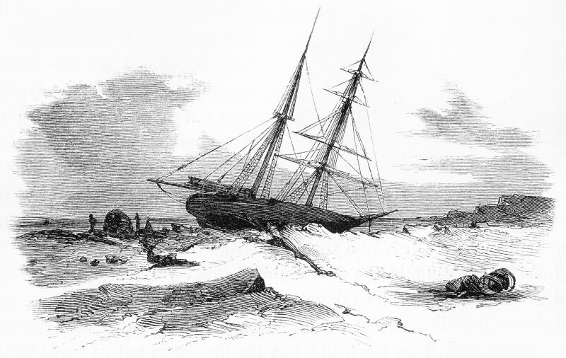 um navio de navigação colou no gelo durante um inverno ártico