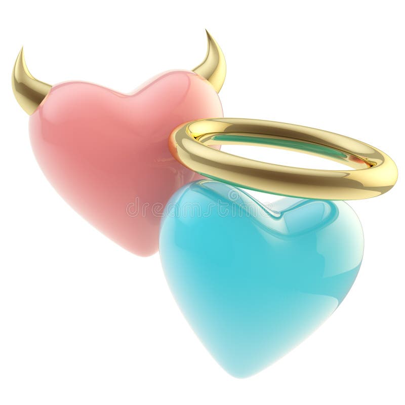 Um par de corações com chifre e auréola isolados ilustração do vetor