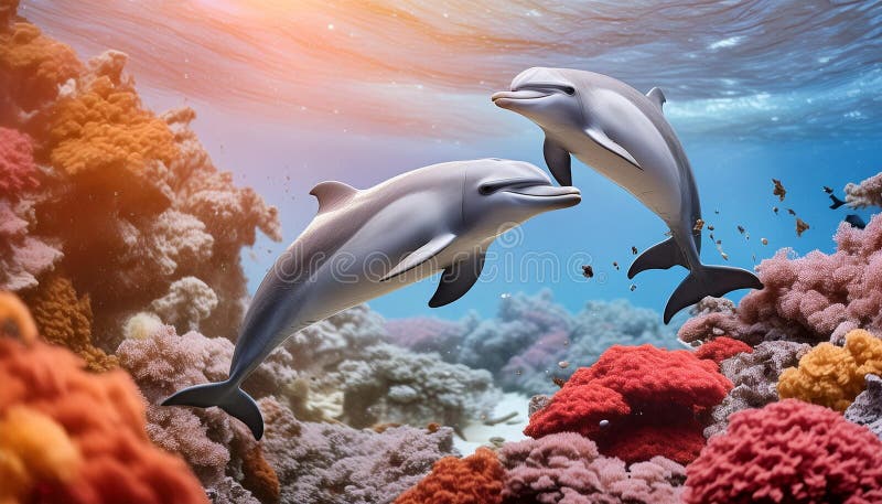 Um par de golfinhos brincalhões saltando da água cercada por corais e esponjas vibrantes ilustração stock
