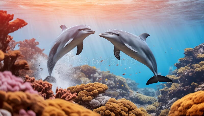 Um par de golfinhos brincalhões saltando da água cercada por corais e esponjas vibrantes ilustração stock
