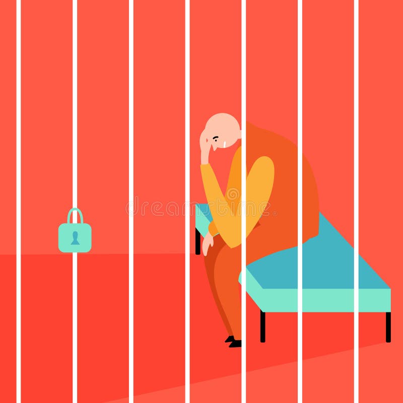 Um prisioneiro calvo está sentando-se atrás das barras cadeia Situações fatigantes ilustração royalty free Um prisioneiro calvo está sentando-se atrás das barras cadeia Situações fatigantes ilustração royalty free