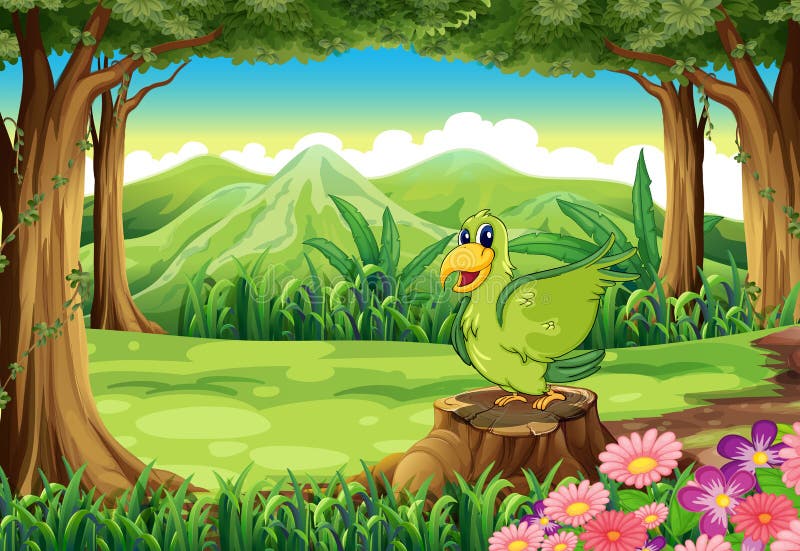 Um pássaro verde acima do coto na floresta ilustração stock Um pássaro verde acima do coto na floresta ilustração stock