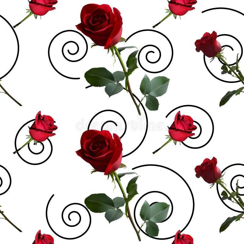Um teste padrão com as rosas vermelhas com folhas verdes e uma haste longa no fundo ilustração stock Um teste padrão com as rosas vermelhas com folhas verdes e uma haste longa no fundo ilustração stock