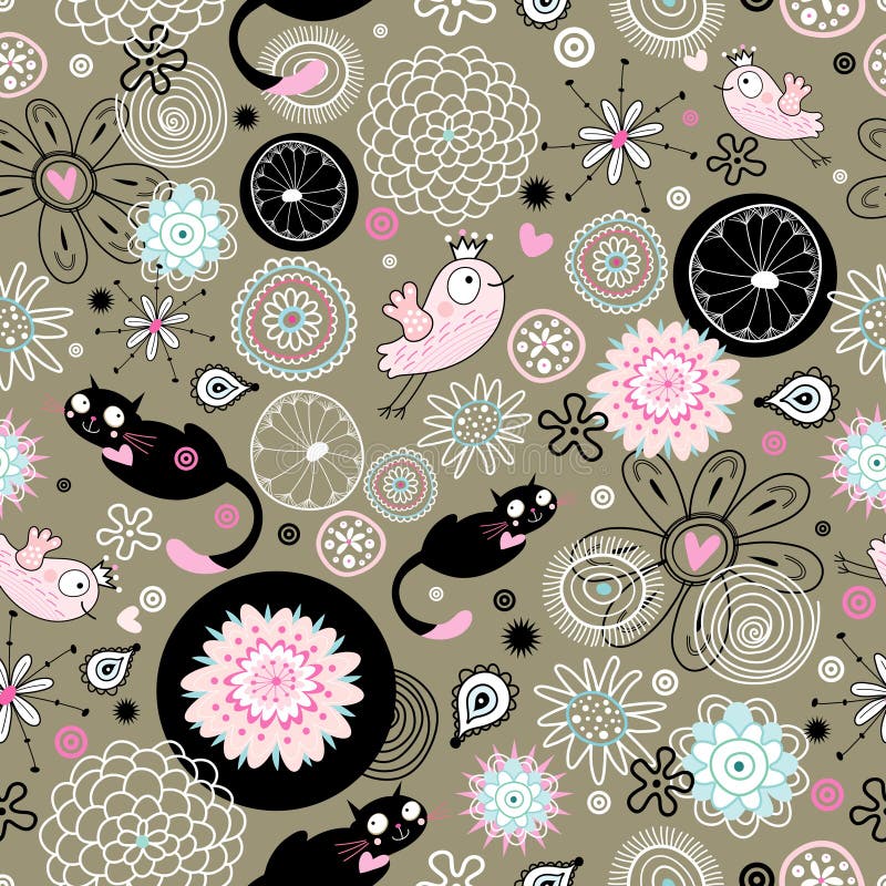 Um teste padrão das flores e dos gatos, pássaros ilustração stock Um teste padrão das flores e dos gatos, pássaros ilustração stock