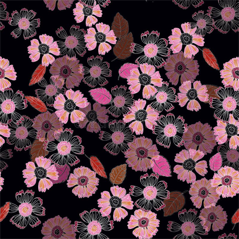 Um teste padrão floral temperamental da cópia da repetição no rosa em um fundo preto ilustração royalty free Um teste padrão floral temperamental da cópia da repetição no rosa em um fundo preto ilustração royalty free