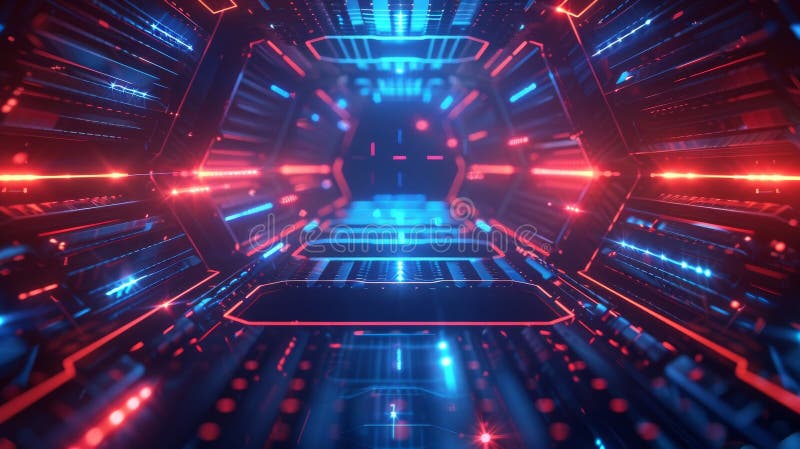 A futuristic tunnel with neon lights and a blue and red color scheme. The tunnel is filled with wires and circuits, giving it a futuristic and technological feel AI generated. A futuristic tunnel with neon lights and a blue and red color scheme. The tunnel is filled with wires and circuits, giving it a futuristic and technological feel AI generated