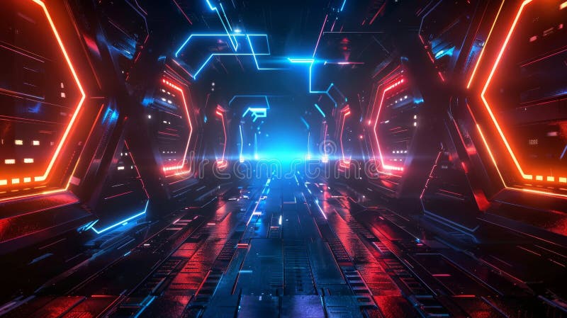 A futuristic tunnel with neon lights and a blue and red color scheme. The tunnel is filled with wires and circuits, giving it a futuristic and technological feel AI generated. A futuristic tunnel with neon lights and a blue and red color scheme. The tunnel is filled with wires and circuits, giving it a futuristic and technological feel AI generated