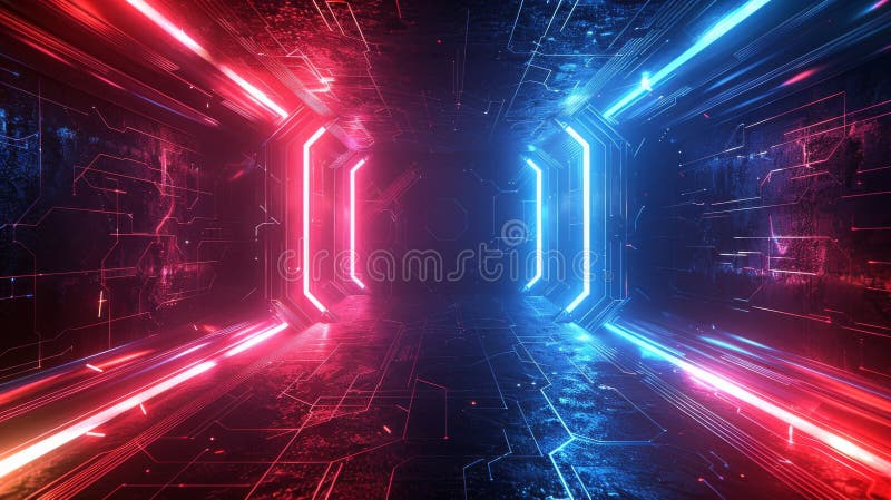 A futuristic tunnel with neon lights and a blue and red color scheme. The tunnel is filled with wires and circuits, giving it a futuristic and technological feel AI generated. A futuristic tunnel with neon lights and a blue and red color scheme. The tunnel is filled with wires and circuits, giving it a futuristic and technological feel AI generated