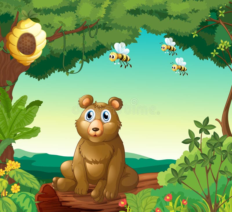 Um urso e as três abelhas na floresta ilustração royalty free Um urso e as três abelhas na floresta ilustração royalty free