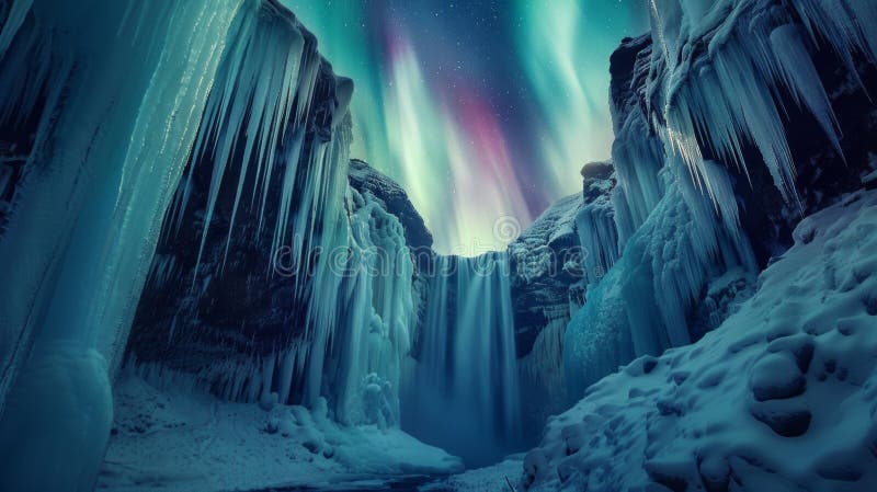 A glimpse of a frozen waterfall suspended in time and surrounded by layers of delicate icicles framed by the vibrant colors of the . . AI generated. A glimpse of a frozen waterfall suspended in time and surrounded by layers of delicate icicles framed by the vibrant colors of the . . AI generated