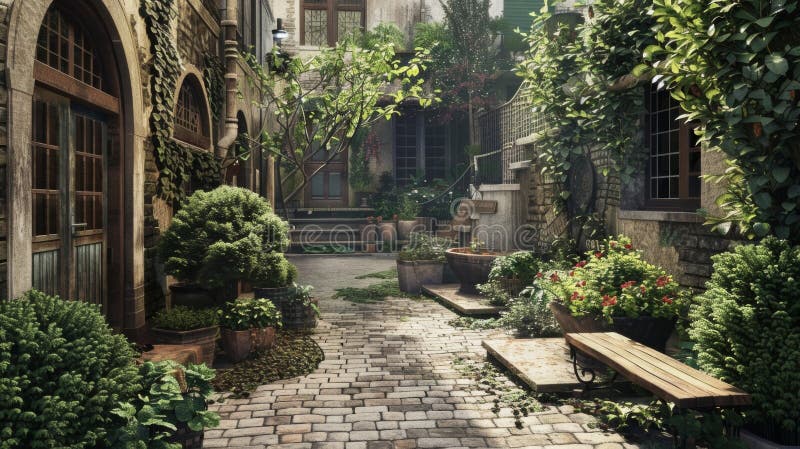 A glimpse into a townhouses interior courtyard featuring a tranquil garden and a quaint stone bench. AI generated. A glimpse into a townhouses interior courtyard featuring a tranquil garden and a quaint stone bench. AI generated