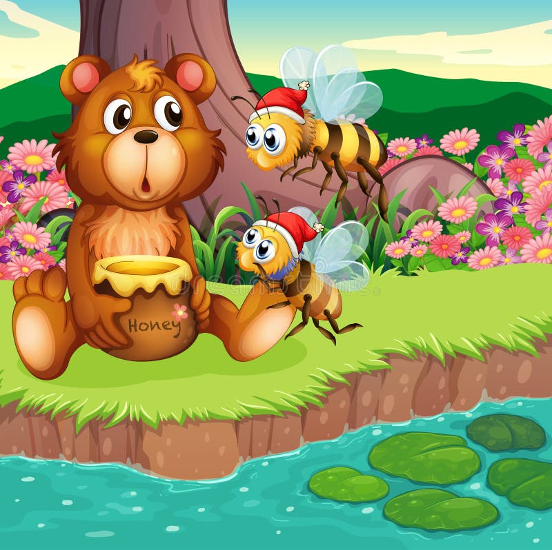 Uma Big Bear e abelhas no riverbank ilustração do vetor Uma Big Bear e abelhas no riverbank ilustração do vetor