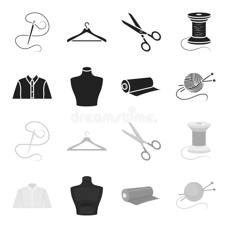 Uma camisa do homem, um manequim, um rolo da tela, uma bola das linhas e agulhas de confecção de malhas Ícones ajustados da coleç