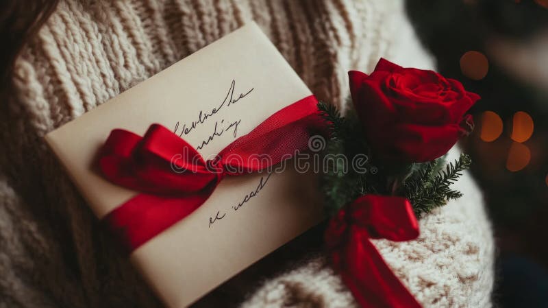 Uma carta manuscrita de presente com um laço vermelho e uma rosa ilustração do vetor