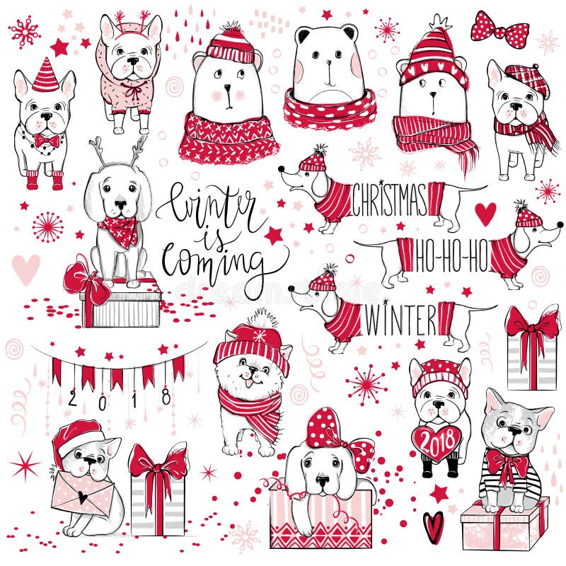 Uma coleção enorme do Natal com cães bonitos, ursos, presentes, snowfl ilustração royalty free Uma coleção enorme do Natal com cães bonitos, ursos, presentes, snowfl ilustração royalty free