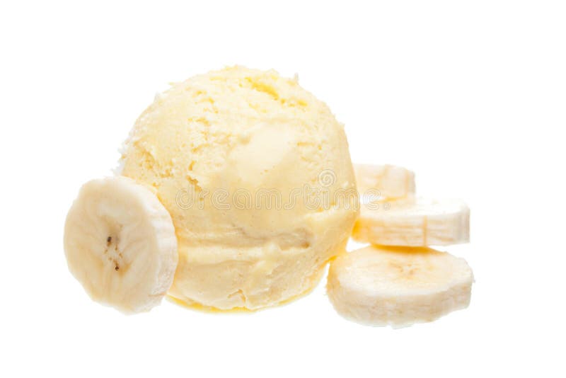 Uma colher do gelado da banana com as partes de banana isoladas no fundo branco foto de stock royalty free Uma colher do gelado da banana com as partes de banana isoladas no fundo branco foto de stock royalty free