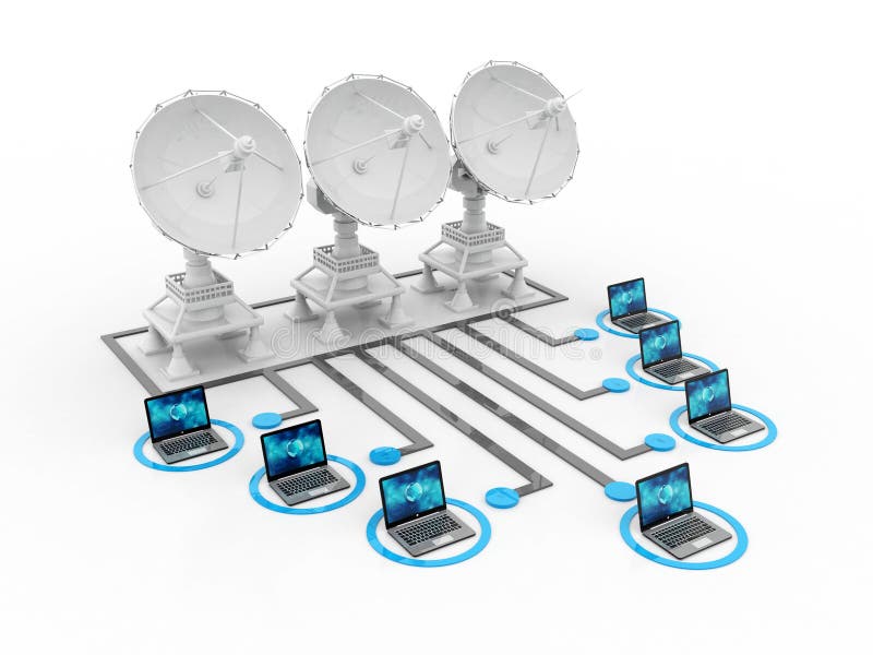 Uma comunicação global com a antena parabólica e o computador ilustração 3D ilustração do vetor
