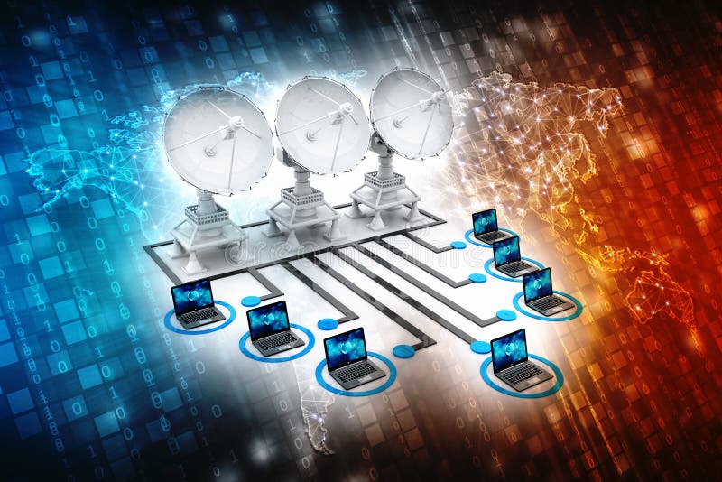Uma comunicação global com a antena parabólica e o computador ilustração 3D ilustração royalty free