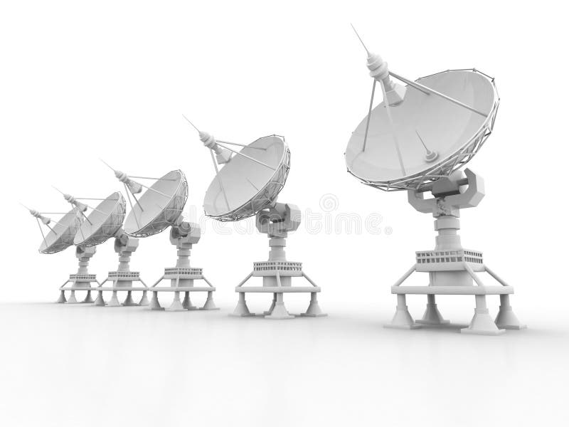 Uma comunicação global com o satélite, receptor de satélite no fundo branco rendição 3d ilustração do vetor