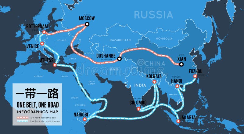 One belt one road. New Chinese trade silk road. Vector map infographics illustration. One belt one road. New Chinese trade silk road. Vector map infographics illustration