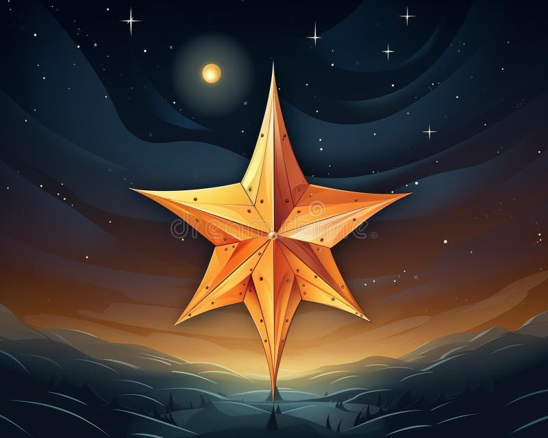 Uma estrela dourada no céu noturno com a lua ao fundo ilustração do vetor