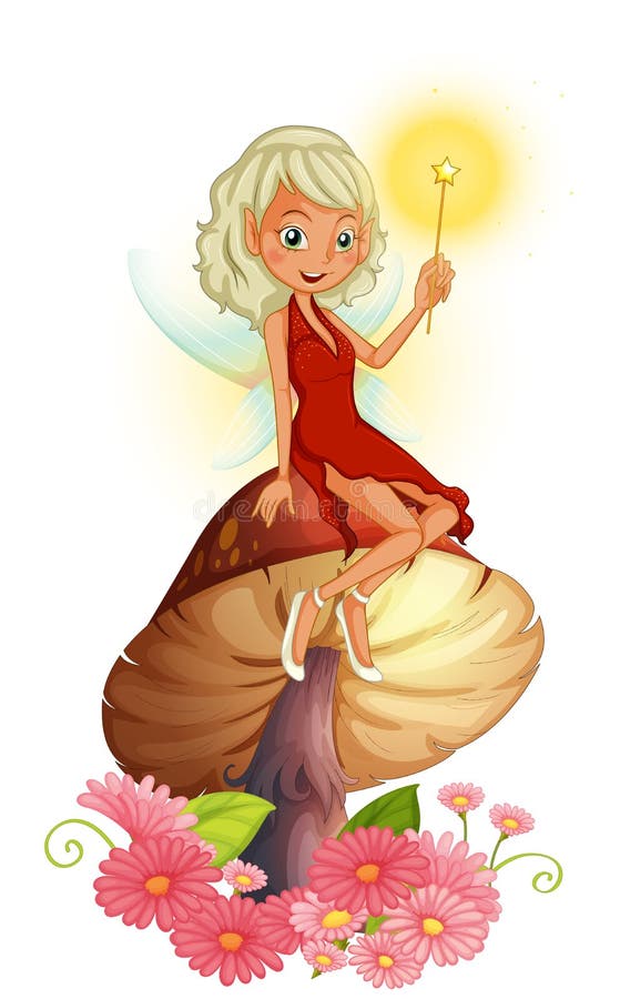 Uma fada que guarda uma varinha que senta-se acima de um cogumelo gigante ilustração royalty free Uma fada que guarda uma varinha que senta-se acima de um cogumelo gigante ilustração royalty free