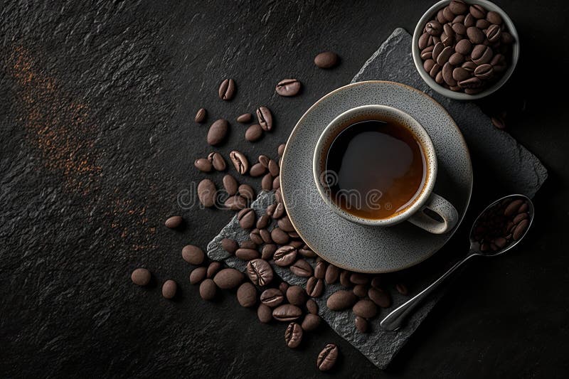 Um banner horizontal com uma chávena de café e grãos de café. Ilustração IA Generativa ilustração stock