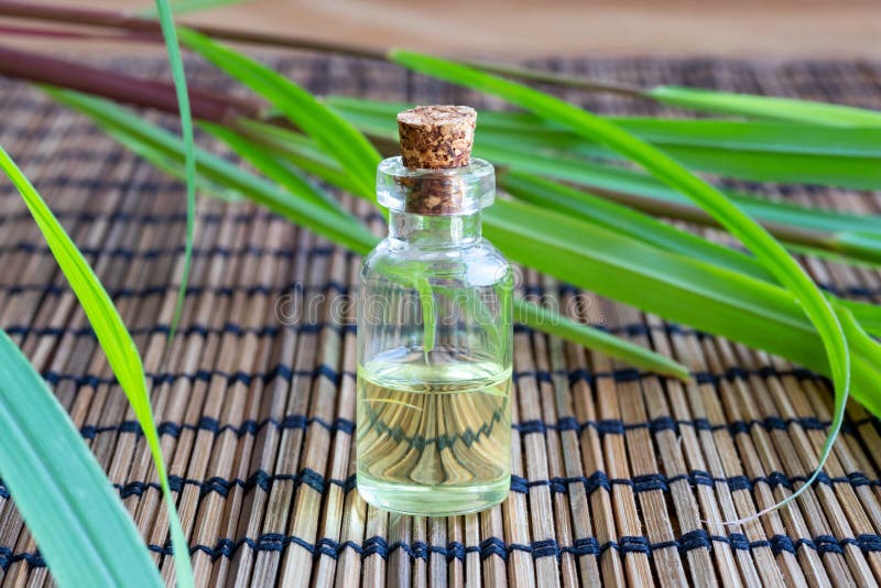 Uma garrafa de óleo essencial de capim-limão com capim-limão fresco fotos de stock