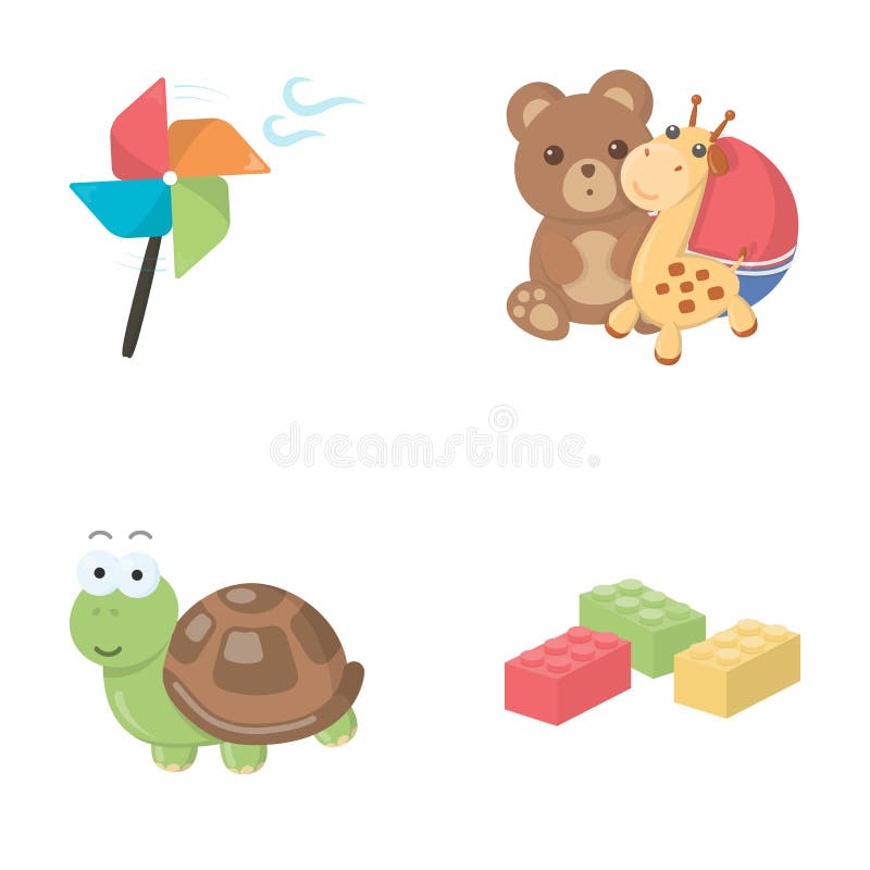 Uma hélice do brinquedo, um urso de peluche com um girafa e uma bola colorida, uma tartaruga do brinquedo, um lego, um desenhista ilustração stock Uma hélice do brinquedo, um urso de peluche com um girafa e uma bola colorida, uma tartaruga do brinquedo, um lego, um desenhista ilustração stock