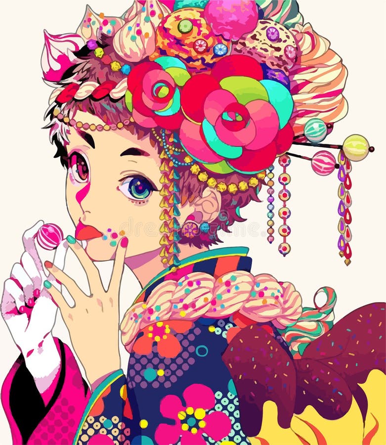 Uma ilustração colorida de uma anime feita de doces