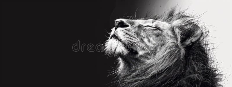 Uma imagem monocromática de leões de cabeça fechada com mané fluente no vento fotografia de stock royalty free