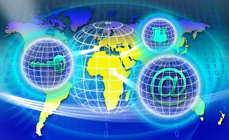 An image for the concept of Secure Worldwide Network showing a map of planet earth with computer data code behind it and three sphere of web around a shield, key and @ email symbol to illustrate the transfer of a safe transaction of data on the world wide web. An image for the concept of Secure Worldwide Network showing a map of planet earth with computer data code behind it and three sphere of web around a shield, key and @ email symbol to illustrate the transfer of a safe transaction of data on the world wide web.